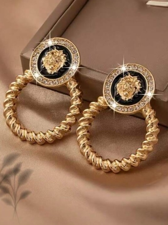 Jewelry - Gold Lion Head Braided Hoop Earrings - Black Accent